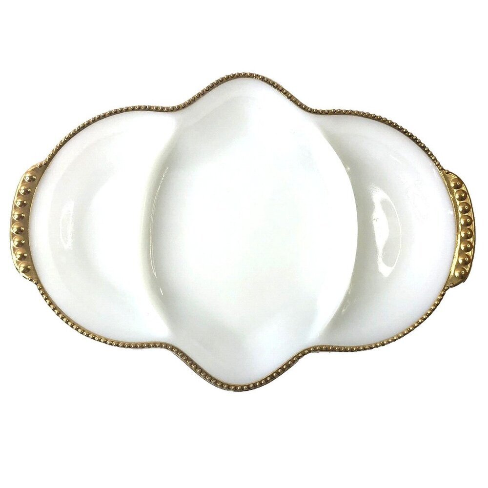 Vtg Fire King USA Oven Ware White Milk Glass Gold Trim Divided Dish 11" 1950's